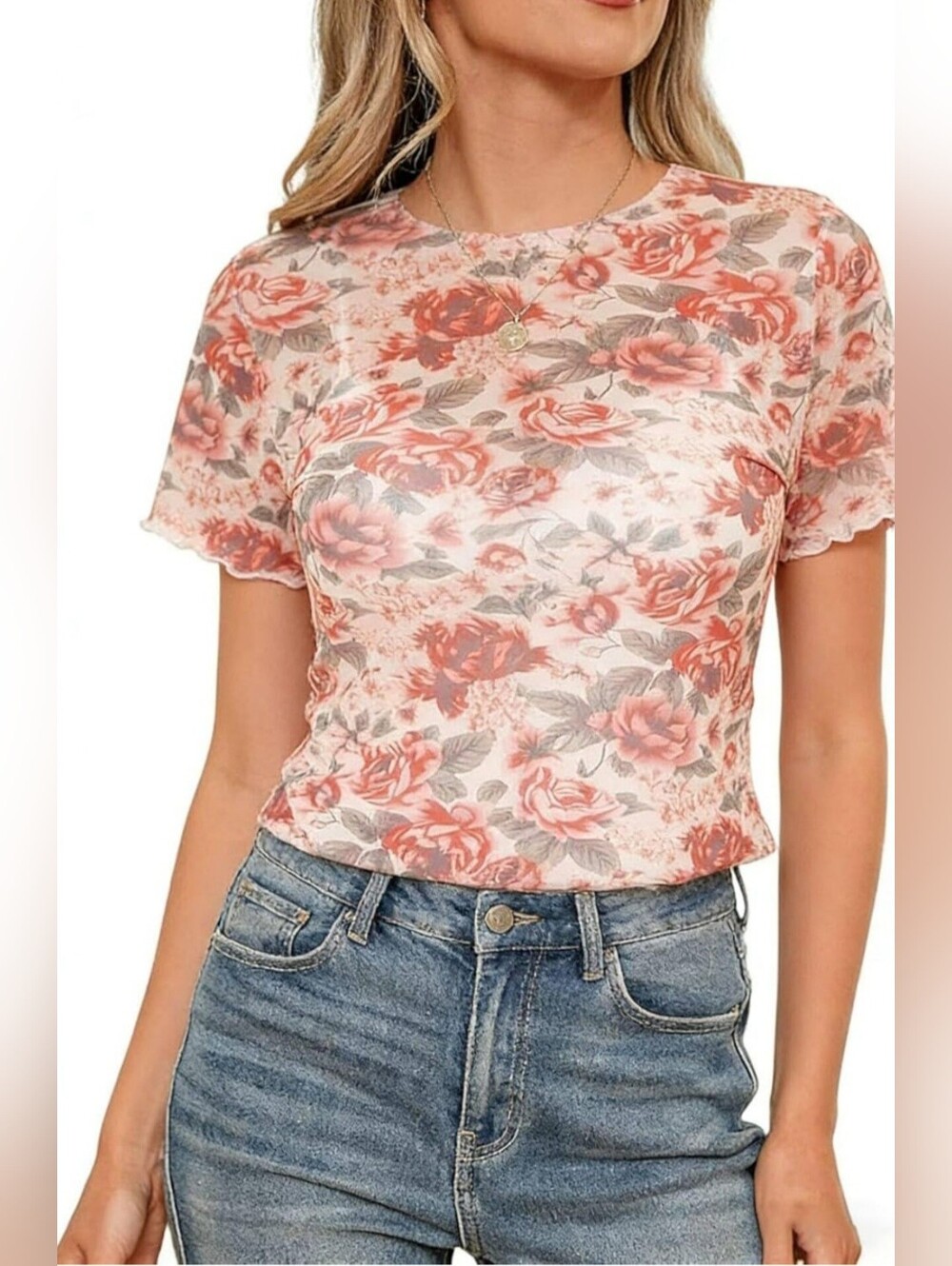 Floral Mesh Short Sleeve Top - Pink Full & Plus Sizes